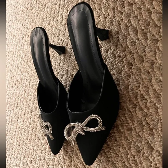 Black Pointed Toe Mules with Rhinestone Embellishment - Picture 2 of 2